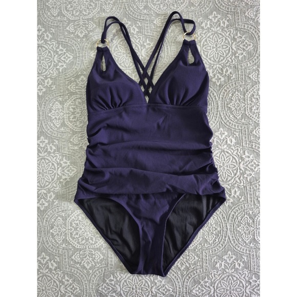Charmo Other - Charmo Womens Ribbed One Piece Swimsuit Purple Ruched Criss Cross Back UPF 50 L